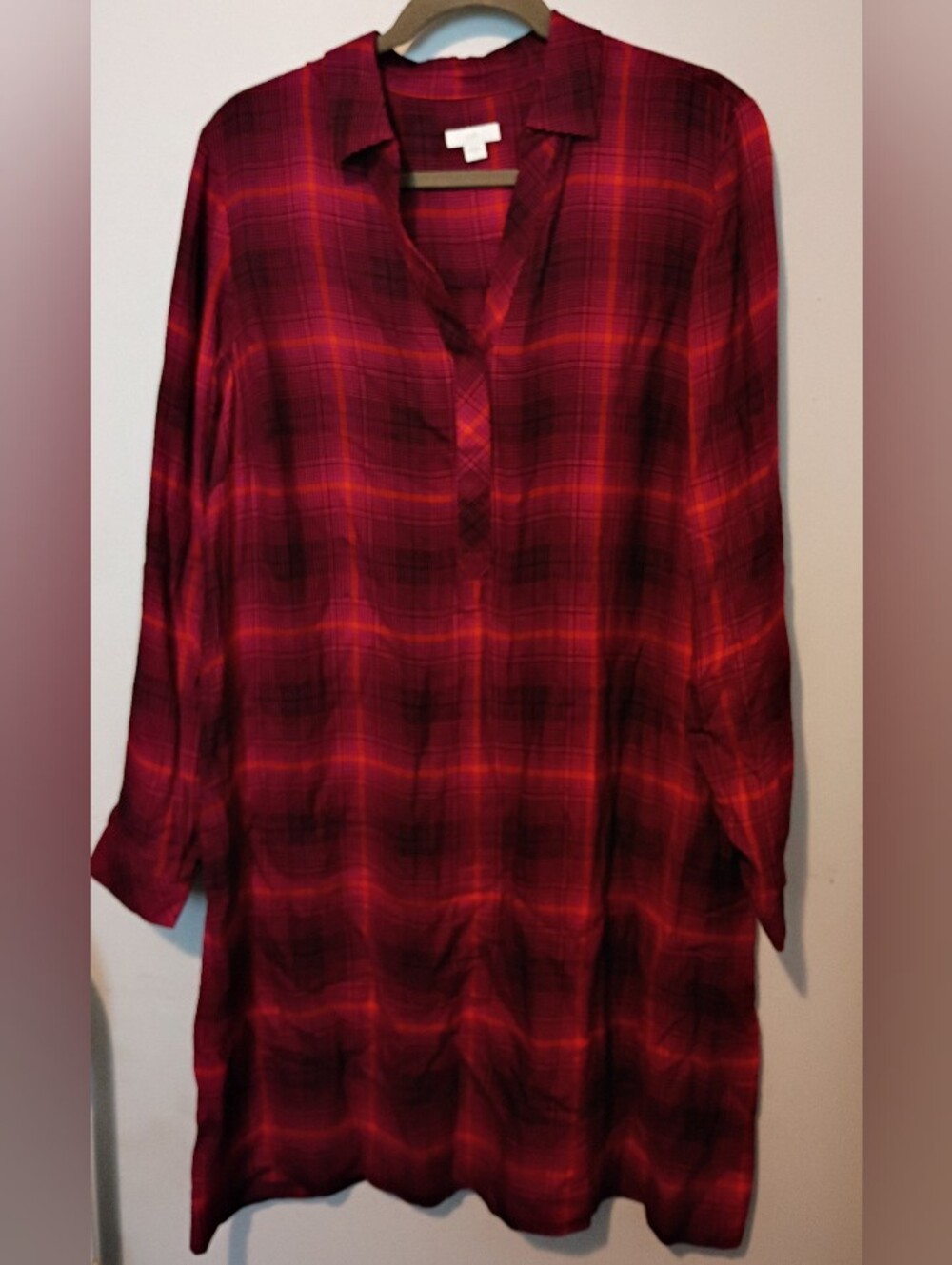 J. Jill Red Plaid V-Neck Dress With Long Sleeves